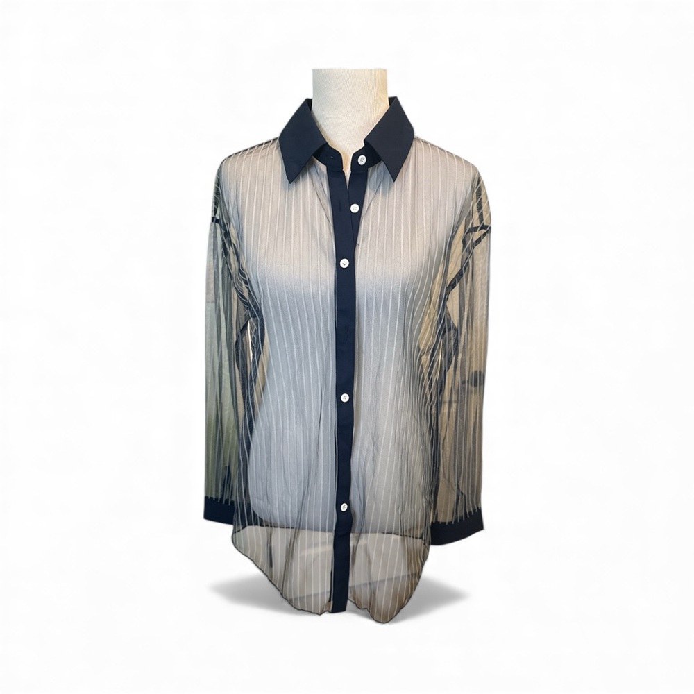 Sexy Sheer Top Blouse Womens Blue White Striped Button Down Long Sleeve Holiday